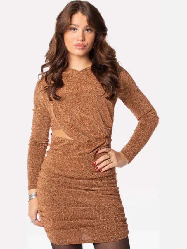 Getdrezzed Jurk - Maat: One size - Glitter jurk cut out brons