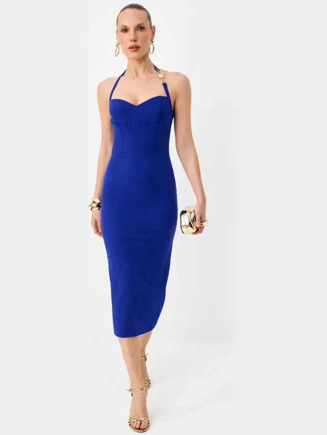 Trendyol TRENDYOLMİLLA Dames Donkerblauw Effen Midi Mouwloos Stijlvol/Avond Bodycon Jurken Kobaltblauw