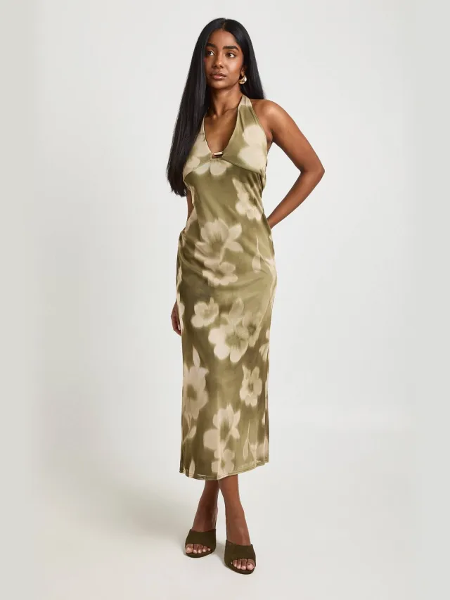 boohoo Dames Gebloemde Mesh Jurk Met Diepe Halslijn En Kralenversiering In Midaxi-lengte Olijf