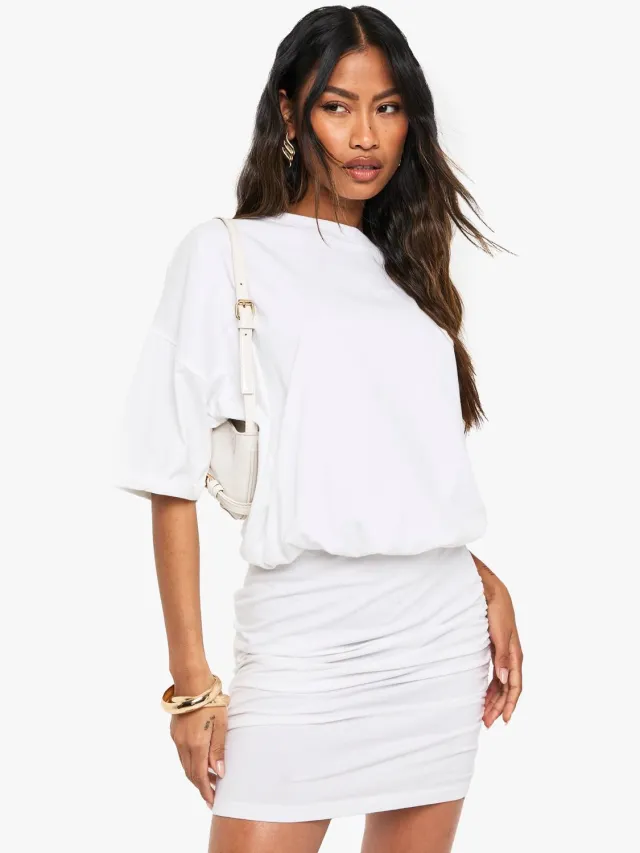 boohoo Dames Ruched T-shirt Mini-jurk Wit