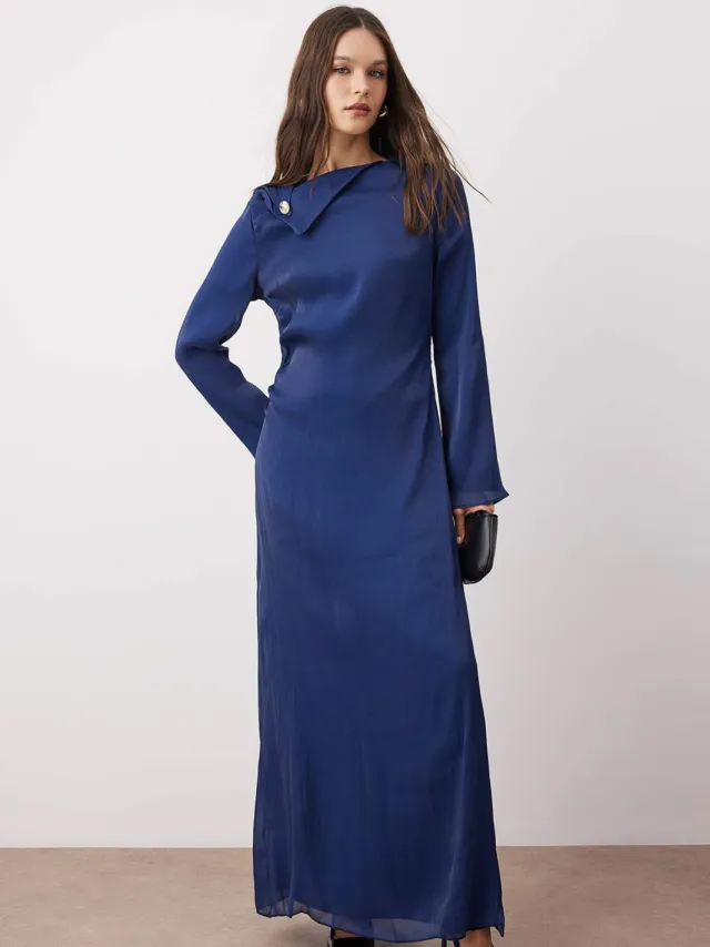 Turkishsouq Marineblauwe platte maxi lange feestjurk in A-lijn model met hijab Marineblauw/Blauw