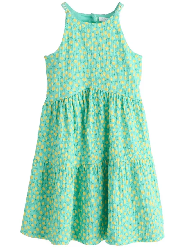 Next Meisjes - Zomerjurk met dunne bandjes van kreukstof - Groen Teal Lemon Print