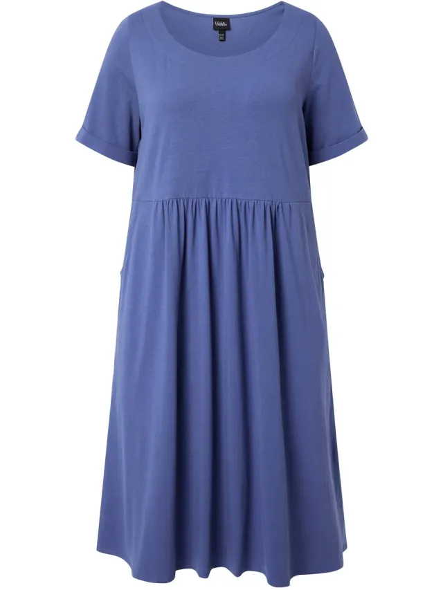 Ulla Popken Dames - Jersey midi-jurk A-lijn ronde hals halve mouwen - Atlantisch blauw - Maat 58+
