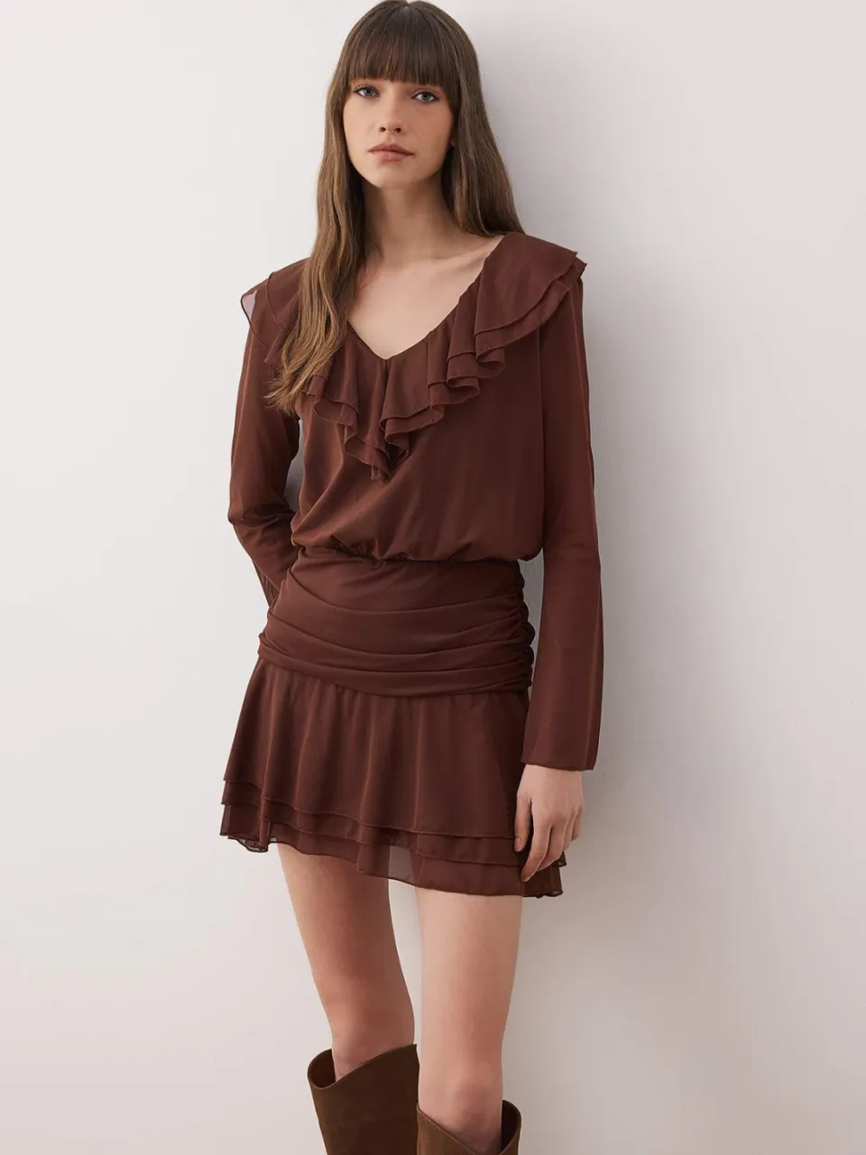 Trendyol TRENDYOLMİLLA Dames Bruin Effen Kort / Mini Lang Casual Skater Jurken, foto 2