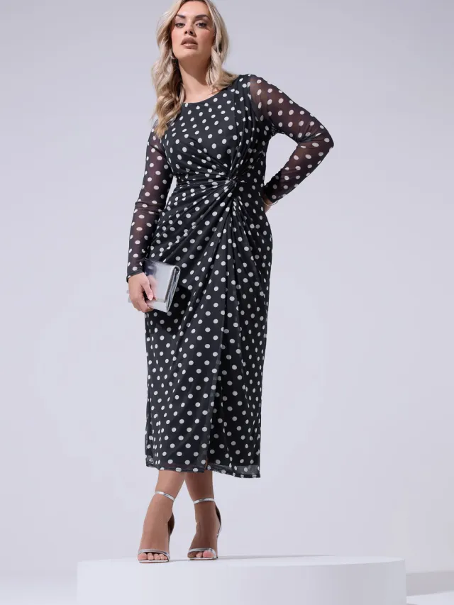 Yours London Marineblauwe Jurk Met Polkastippen En Knoop Blue