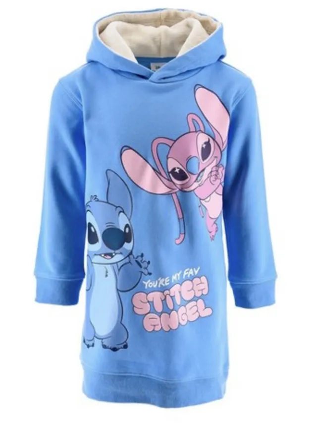 Disney Lilo&Stitch Jurk - Sweaterstof - Met Capuchon - Stitch en Angel - Blauw - Katoen/Polyester - Maat 104 (4 jaar)