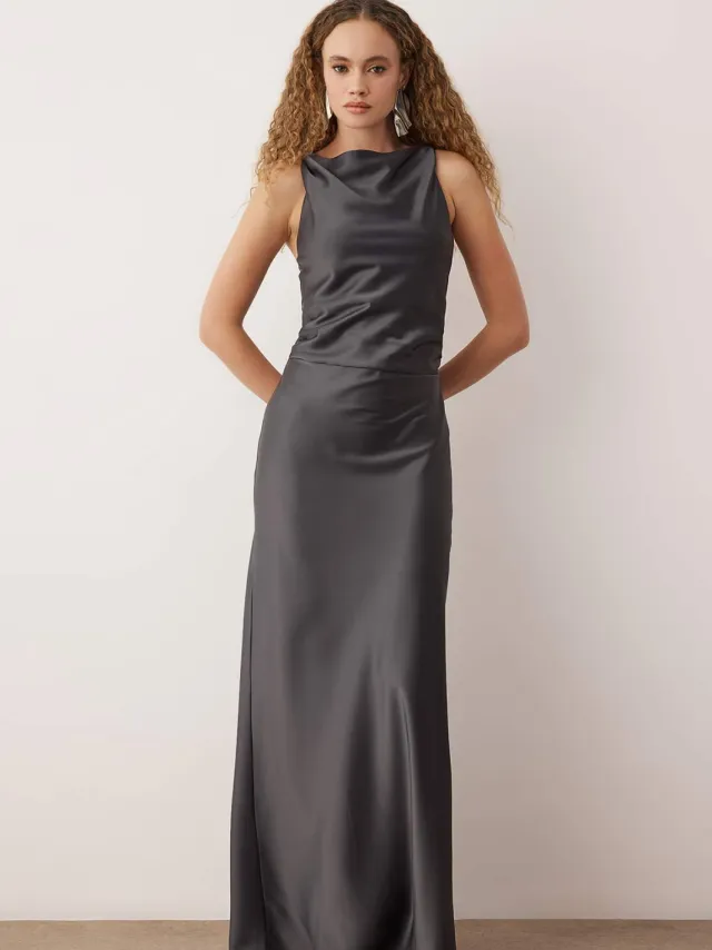 Trendyol TRENDYOLMİLLA Dames Grijs Effen Maxi Mouwloos Diploma-uitreiking / Gala A-lijn Avond & Gala Jurk