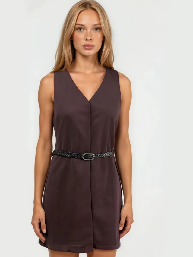 Hiccup V-Hals A-Form Fit Mini Jurk Mokka