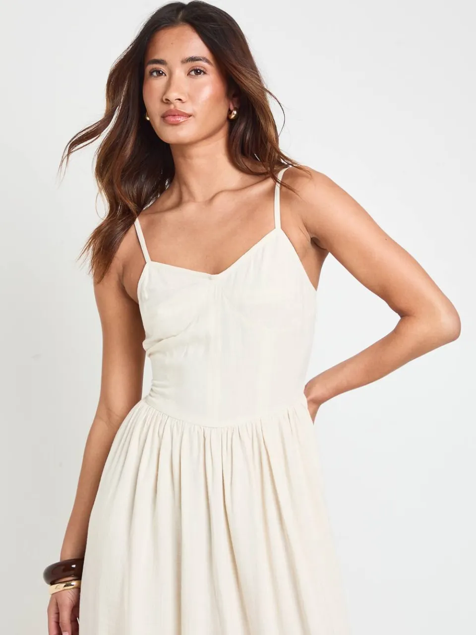 boohoo Dames Premium Linnen Corset Detail Midi Skater Jurk natural, foto 3