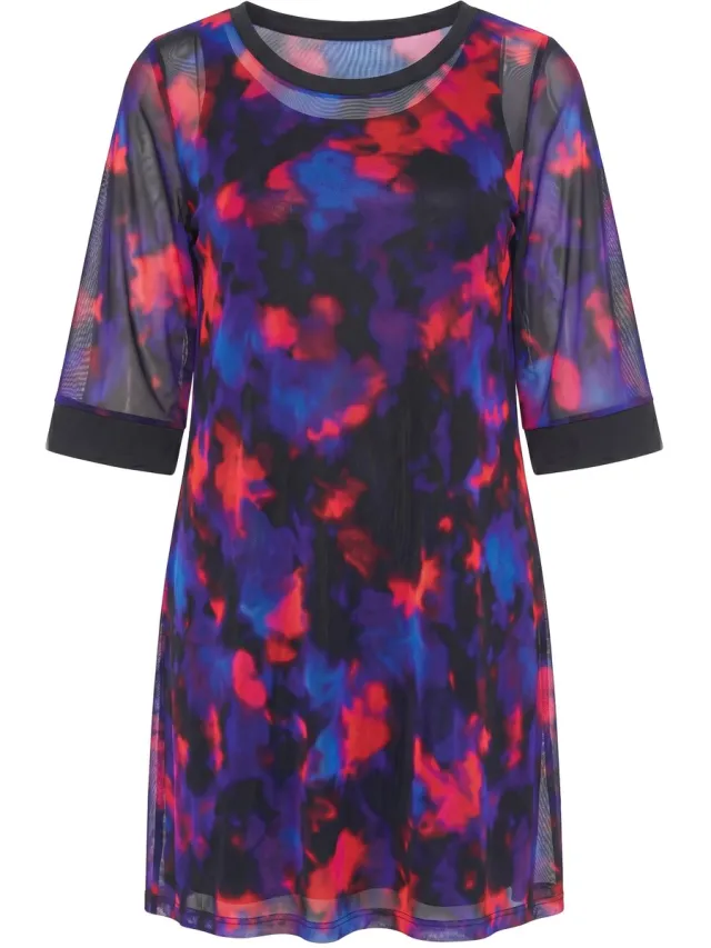 MIAMODA Dames - Mesh jurk A-lijn all-overprint ondoorzichtige onderjurk - Zwart