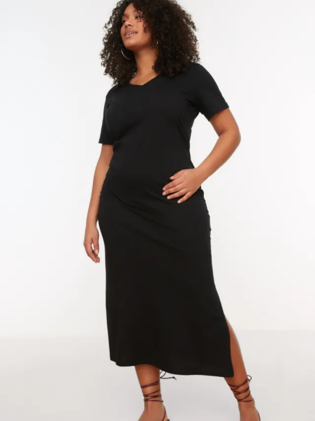 Trendyol Curve Dames Zwart Effen Midi Kort Casual Recht Grote maten Jurk