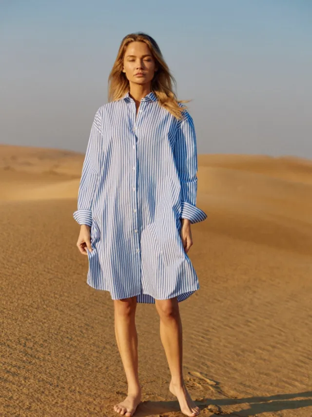 WOTE dames vegan Blousejurk Striped Hemelsblauw Lichtblauw