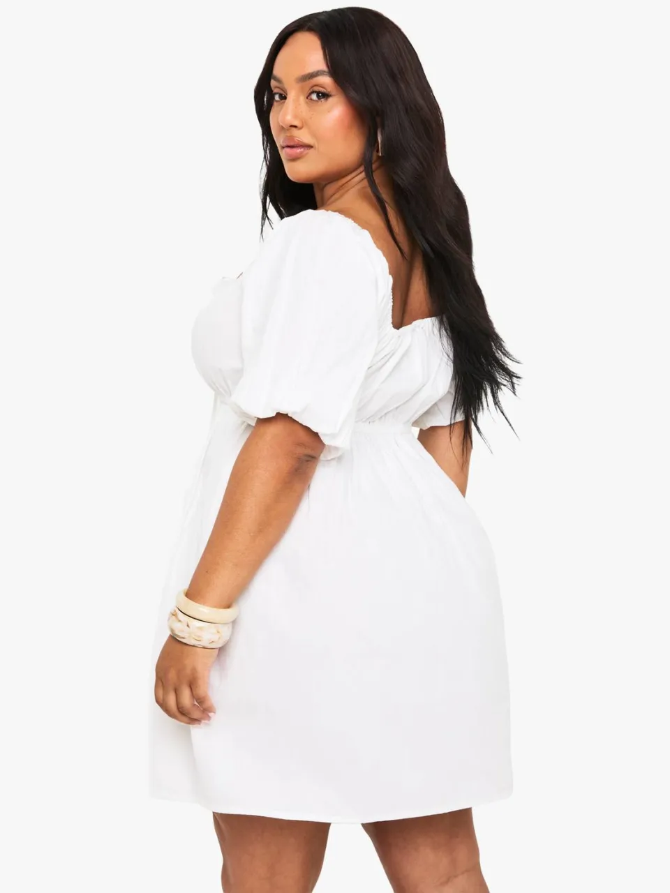 boohoo Dames Plus Jurk met strikdetail aan de voorkant en geplooide katoenen skaterjurk wit, foto 2