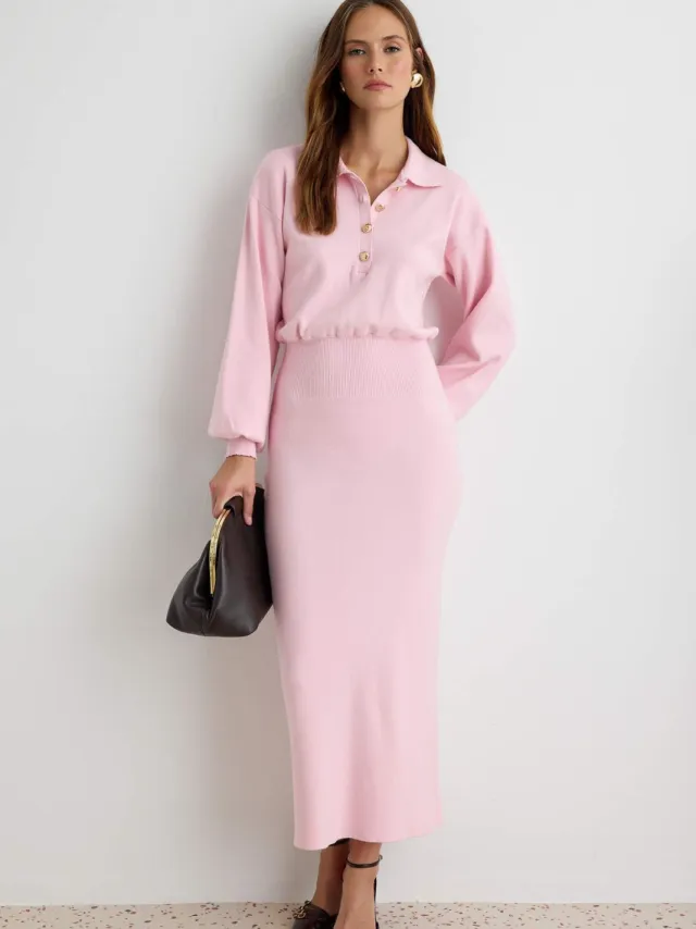 Trendyol TRENDYOLMİLLA Dames Roze Effen Maxi Lang Bodycon Jurken