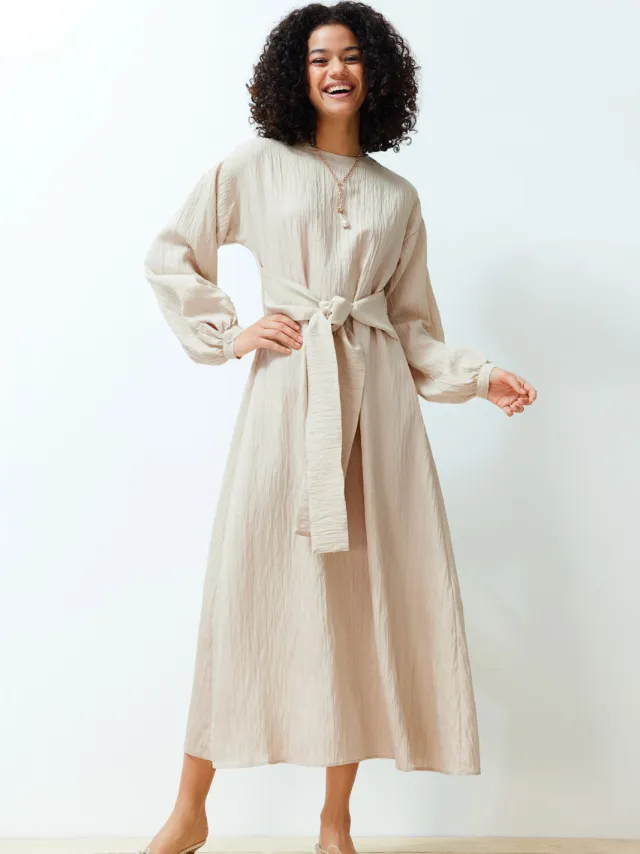 Trendyol Modest Dames Beige Effen Maxi Lang Casual Recht Modest Jurken