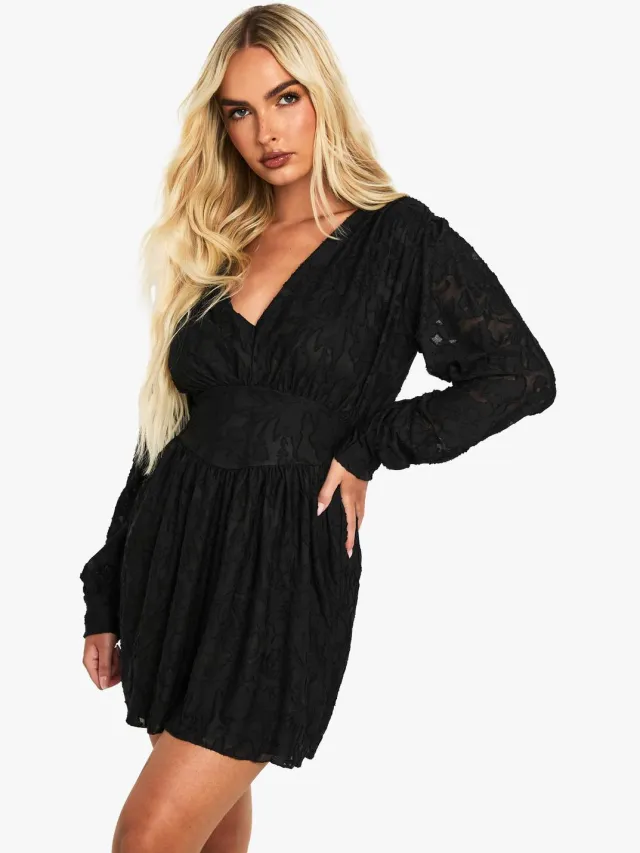 boohoo Dames Burnout Florale Lange Mouw Skaterjurk Zwart