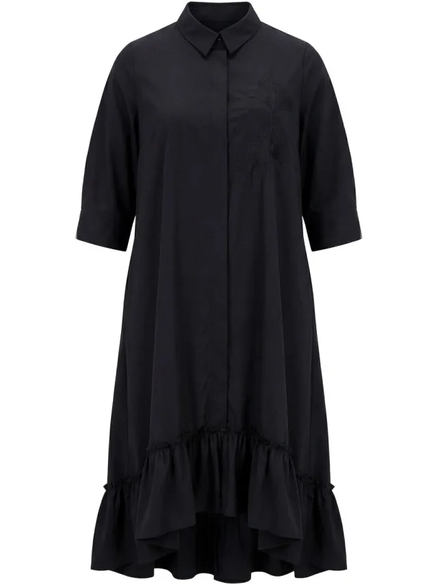 Ulla Popken Dames - Maxi-jurk gingko-borduursel overhemdkraag driekwartmouwen - Zwart - Maat 58+