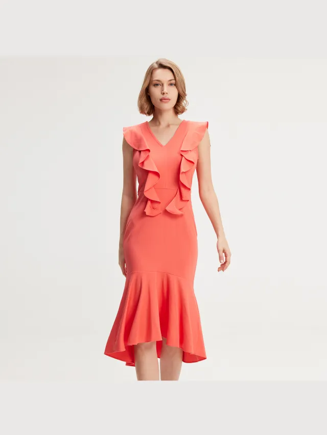 Smart & Joy Jersey -jurk met brede ruches Koraal