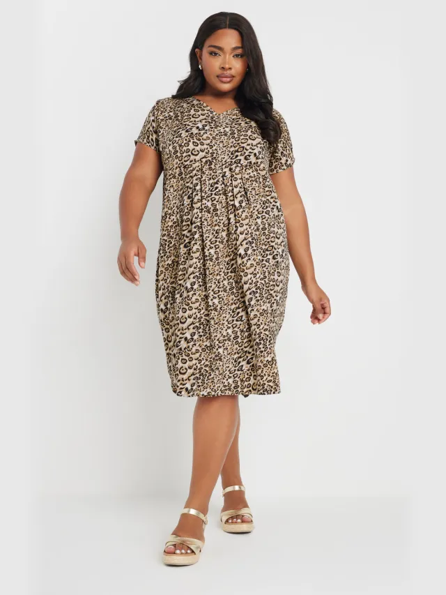 Yours Midi Jurk Met Luipaardprint En Plooidetail In Beige Brown
