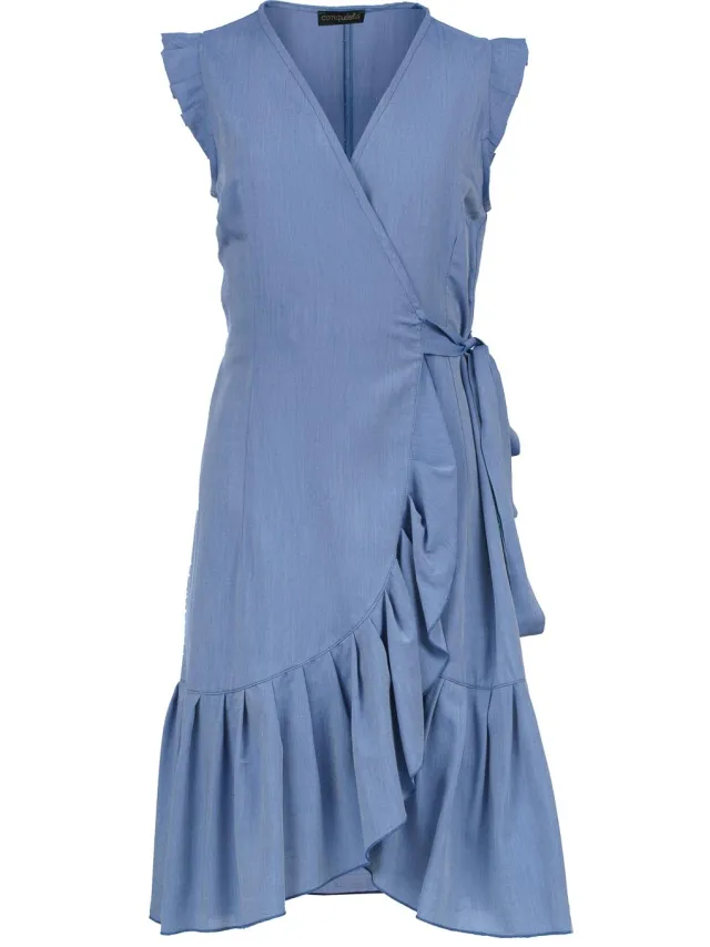 Conquista Mouwloze spijkerjurk met ruches in wikkelstijl van tencel poplin Blauw