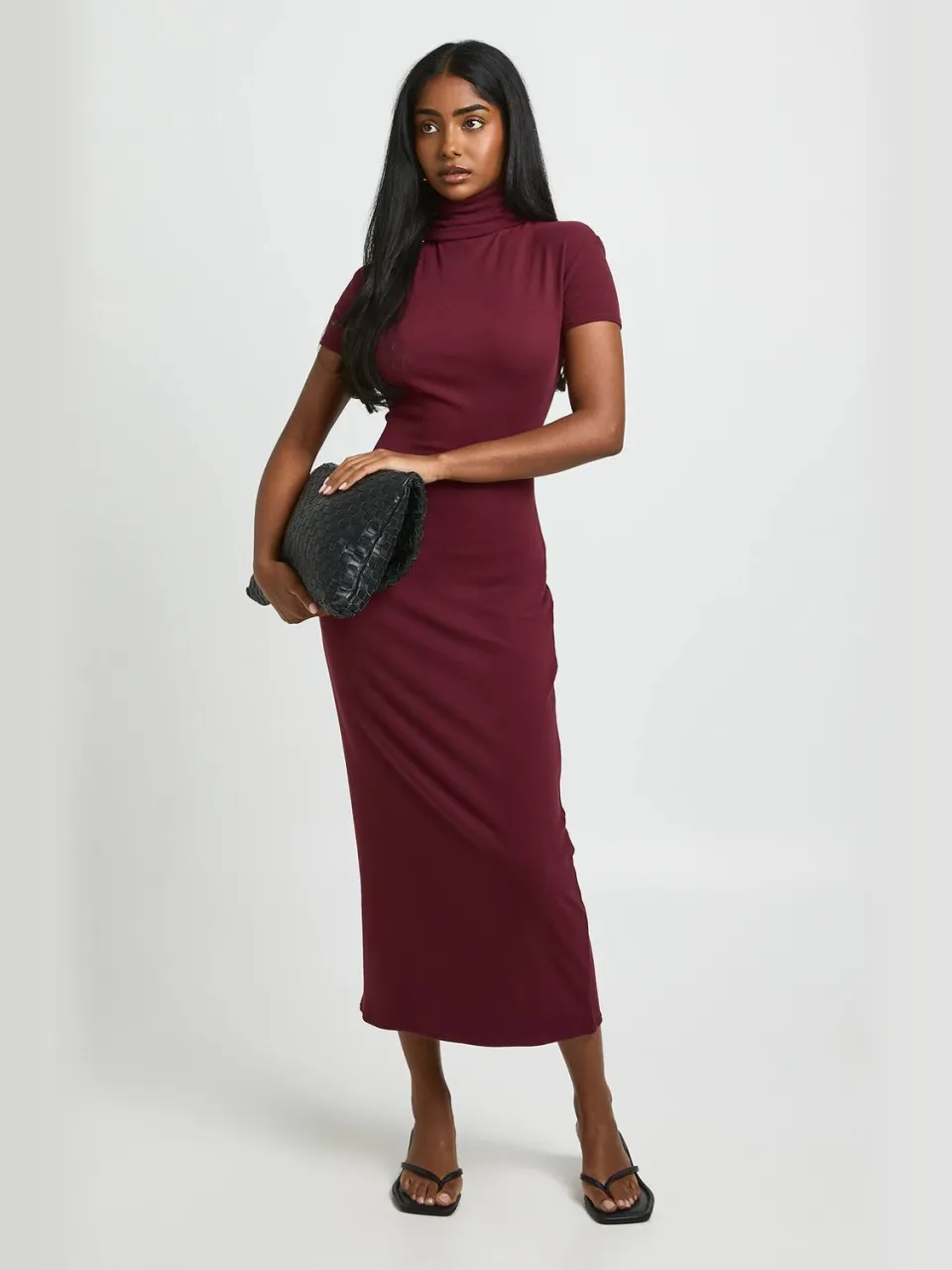 boohoo Dames Lange Basic Superzachte Coltrui Midi-jurk Met Korte Mouwen bordeaux rood, foto 2