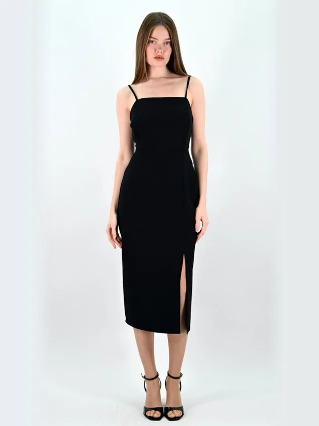 YESMOOI Elegante Midi Jurk met Spaghettibandjes - Slip Dress - Zwart - S (36)