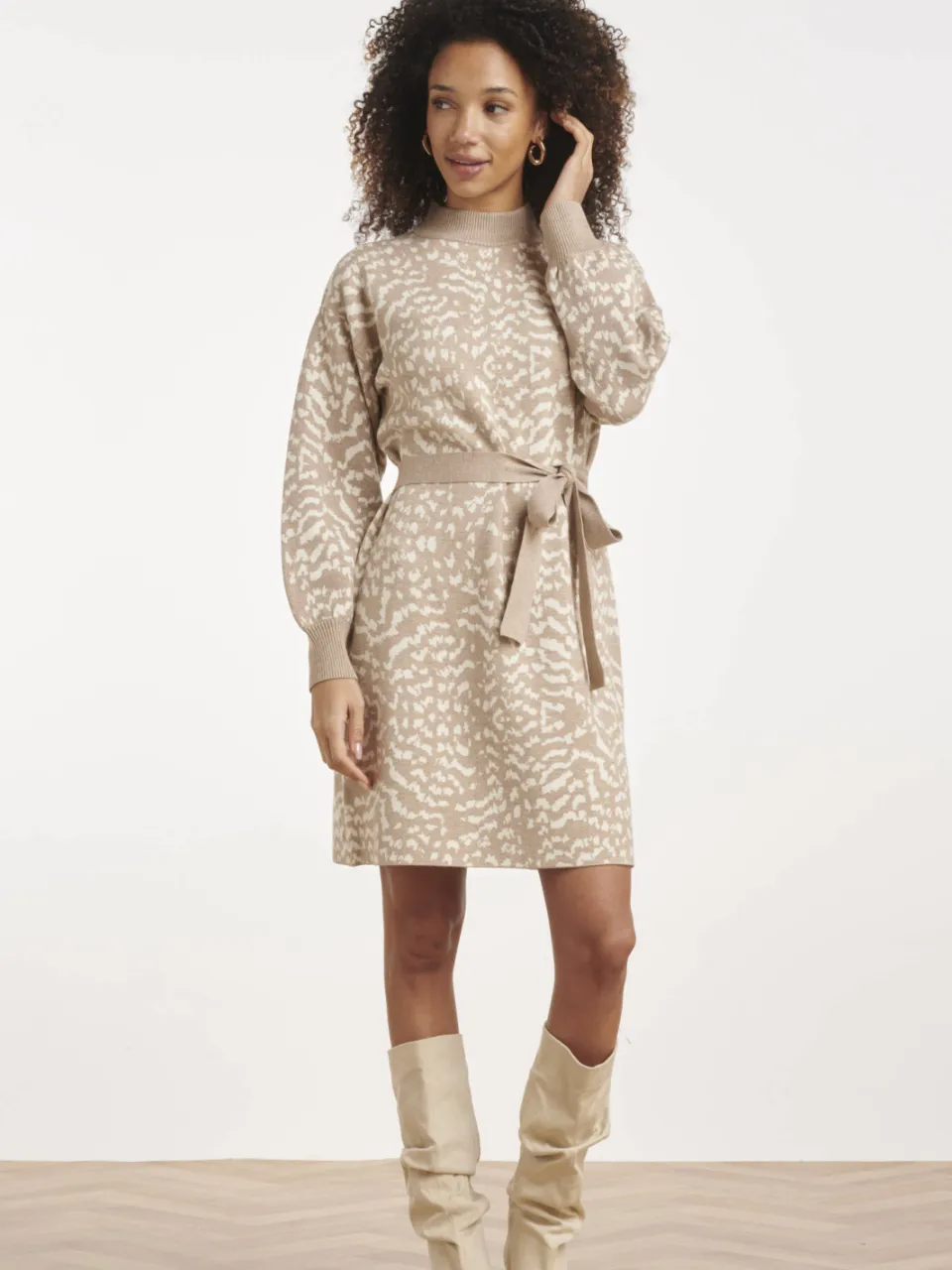Smashed Lemon gebreide jurk met col en print - beige, foto 3