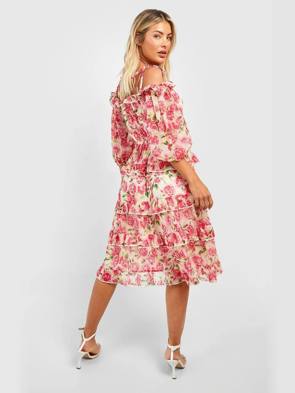 boohoo Dames Chiffon Jurk met Bloemen en Ruffles Midi roze, foto 2
