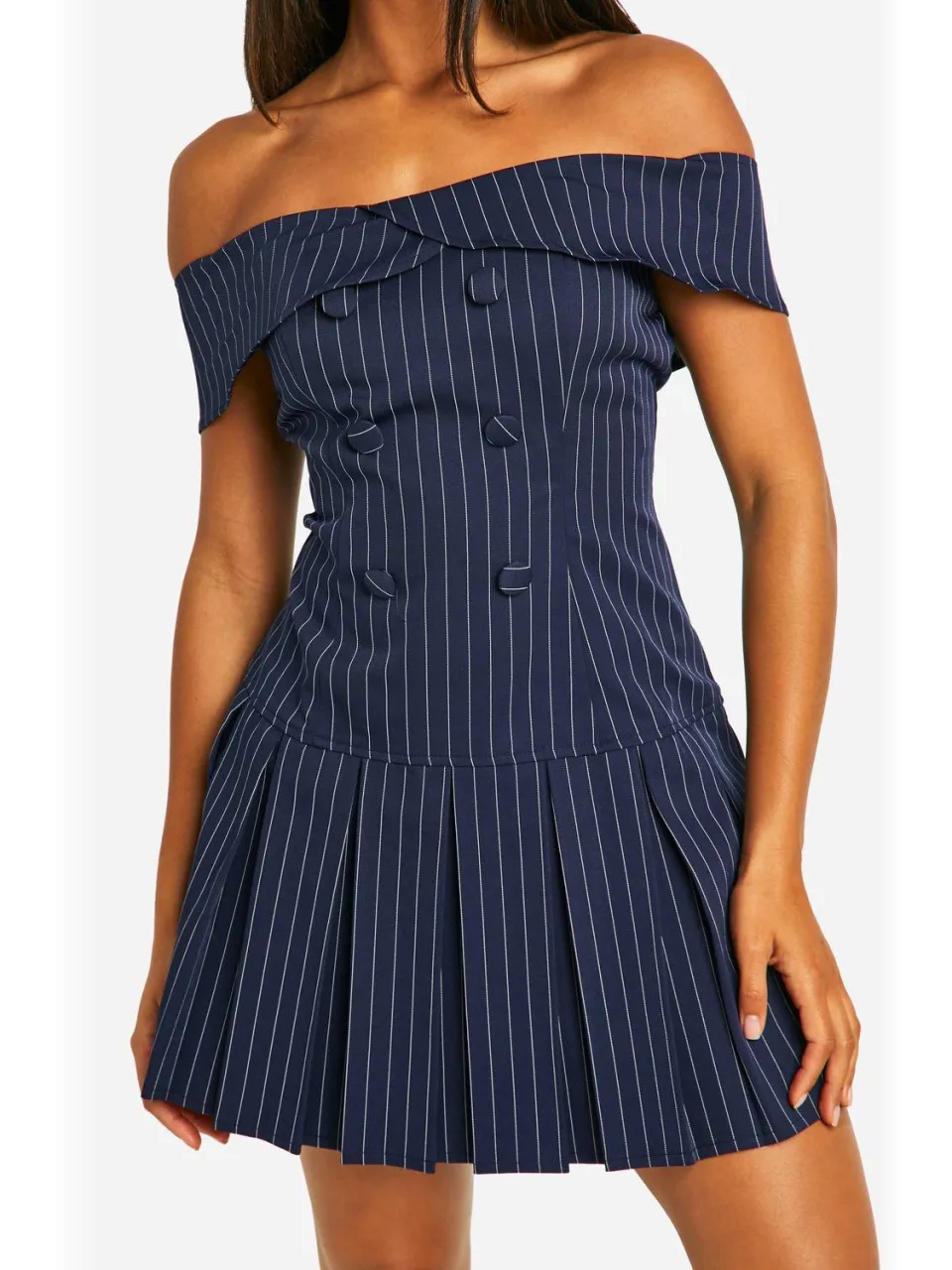 boohoo Dames Stripe Bardot Tennis Rokjurk marineblauw, foto 4