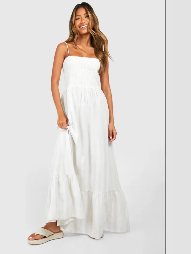 boohoo Dames Linnenlook Geschrimpte Gestreepte Bandeau Maxi-jurk Ecru