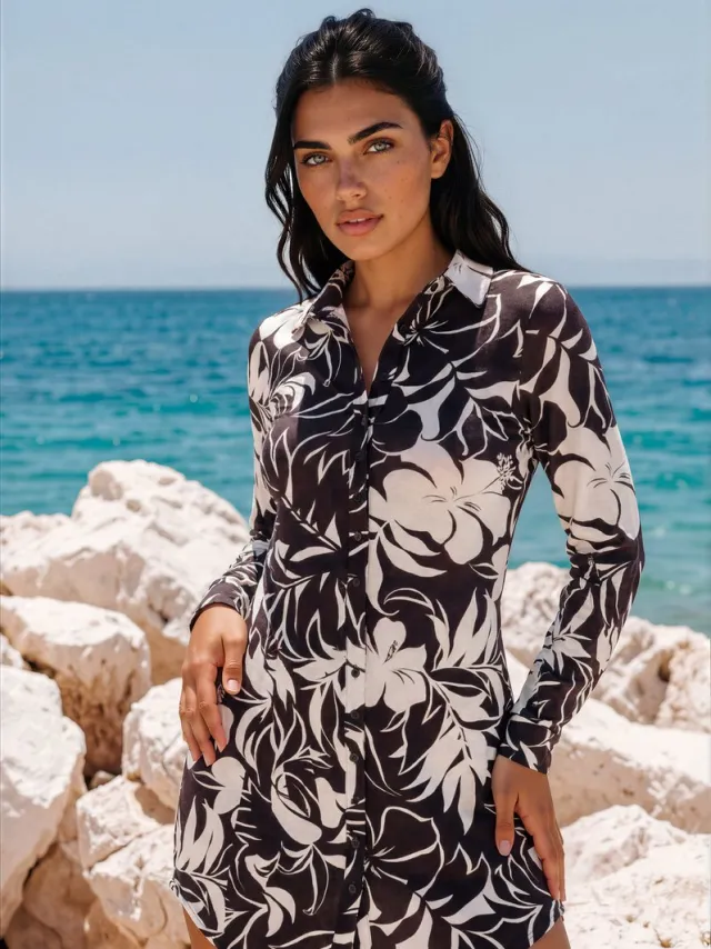 Mi Piace Travel Jurk Tropical Hibiscus Print 202092 Espresso - Maat :