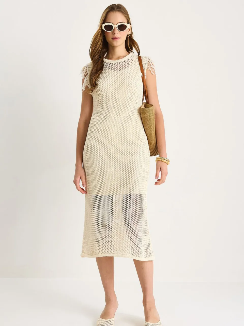 Bianco Lucci Gestructureerde Midi-jurk met Ruffle-detail ivoor, foto 2