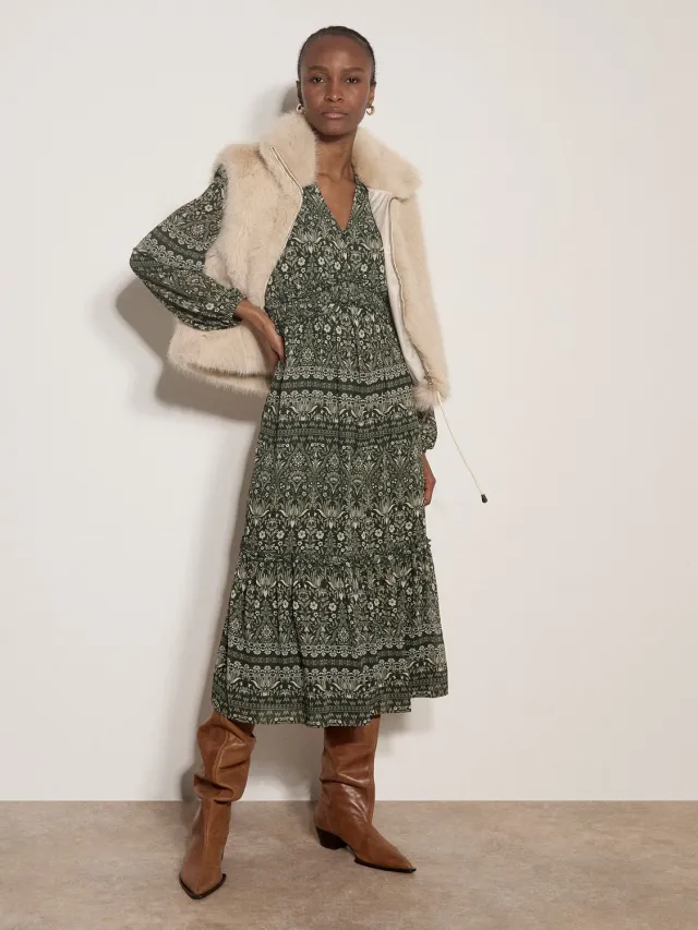 Apricot Midi-jurk van chiffon met ruches en bloemenprint Groen