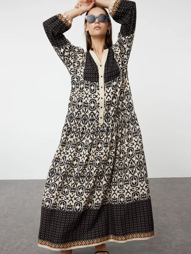 Trendyol Modest Dames Zwart Etnisch patroon Maxi Lang Casual A-lijn Modest Jurken