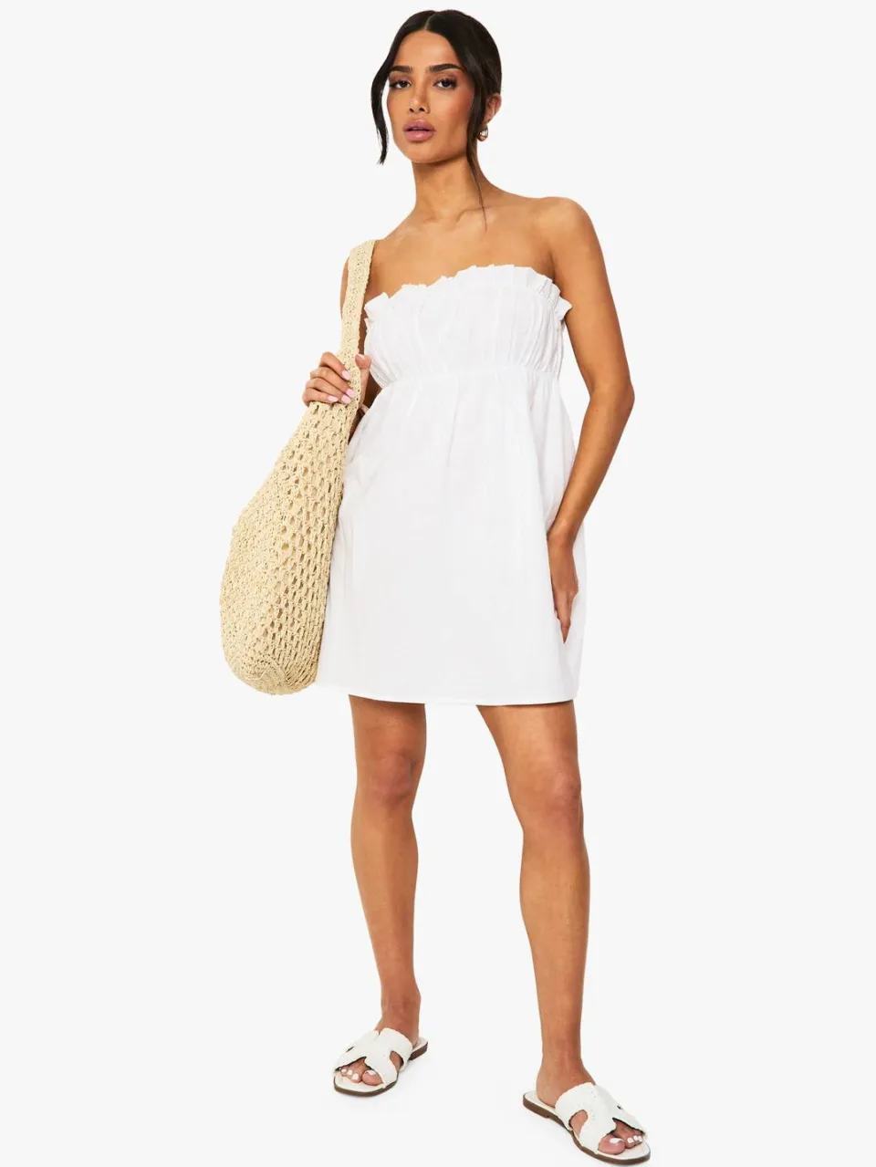 boohoo Dames Petite Linnen Gerimpelde Bandeau Mini-jurk wit, foto 2