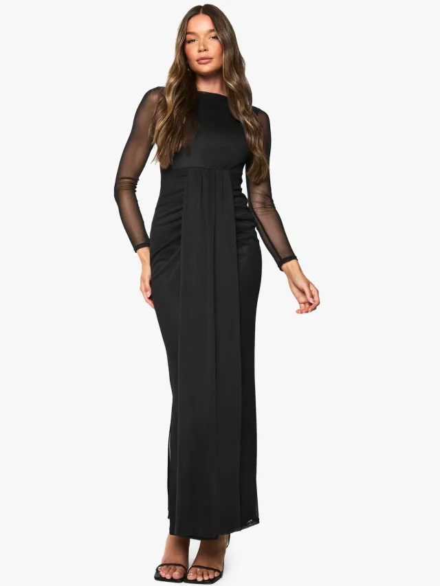 boohoo Dames Mesh Drape Detail Maxi-jurk Zwart