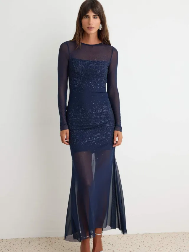 Trendyol TRENDYOLMİLLA Dames Donkerblauw Effen Maxi Lang Zeemeermin Jurken Marineblauw/Blauw