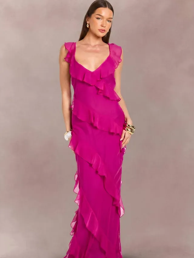 boohoo Dames Chiffon Maxi Jurk Met Ruches Detail En Open Rug Felroze