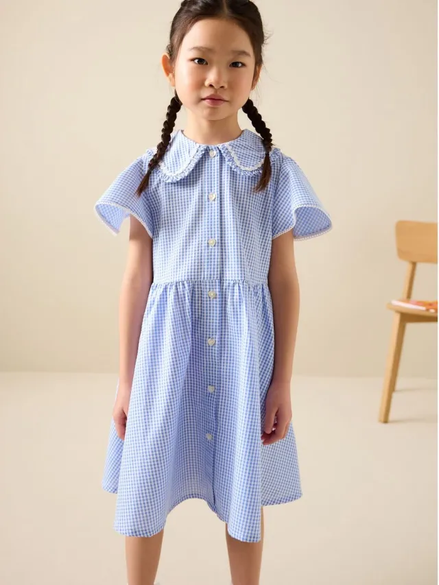 Next Meisjes - Katoenrijke gingham schooljurk met wijde mouwen - Blauw Blue