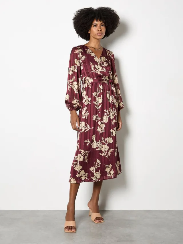 Apricot Satin Shimmer Floral Wrap Midaxi Dress burgundy