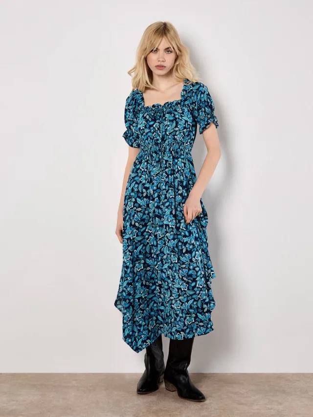 Apricot Sarasa Floral Milkmaid Midi Dress Marine