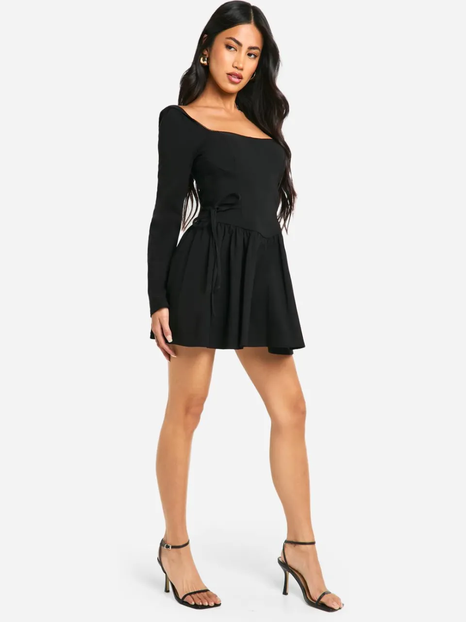 boohoo Dames Lange mouwen Skater Mini Jurk met Tailleband zwart, foto 2