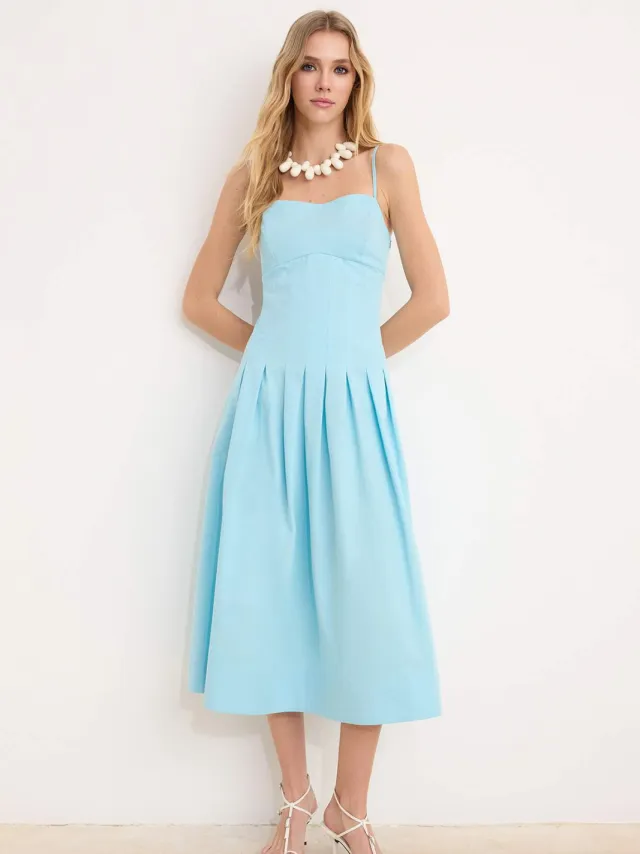 Turkishsouq Marineblauwe platte midi-jurk zonder mouwen voor casual/dagelijks gebruik. Skaterjurk