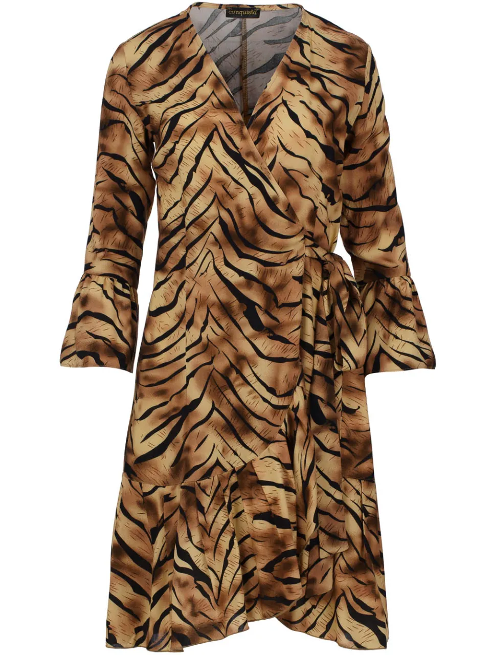 Conquista Tijgerprint viscose wikkeljurk met klokmouwen dierenprint, foto 2