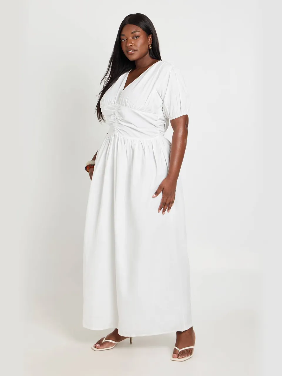 boohoo Dames Plus Maxi Jurk Met Geplooid Tailledetail Van Popeline wit, foto 3