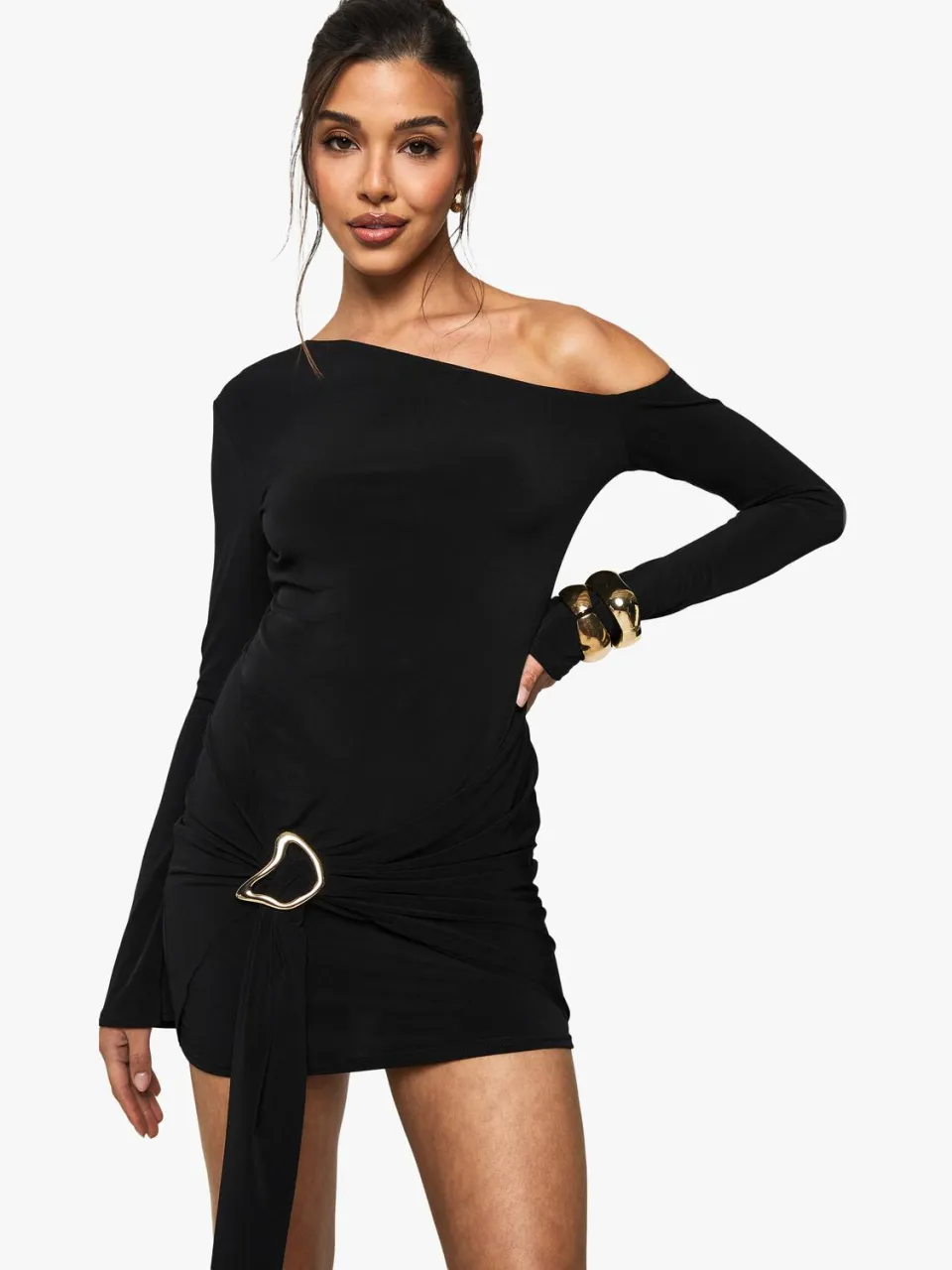 boohoo Dames Asymmetrische Drape Mini Jurk zwart, foto 2