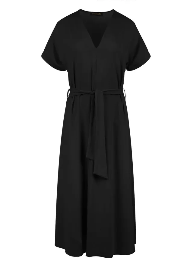 Conquista Zwarte jersey midi-jurk met riem