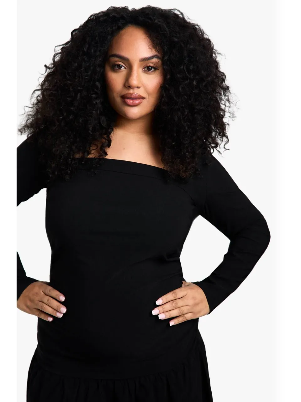 boohoo Dames Plus Bengaline Square Neck Ruched Skaterjurk zwart, foto 4