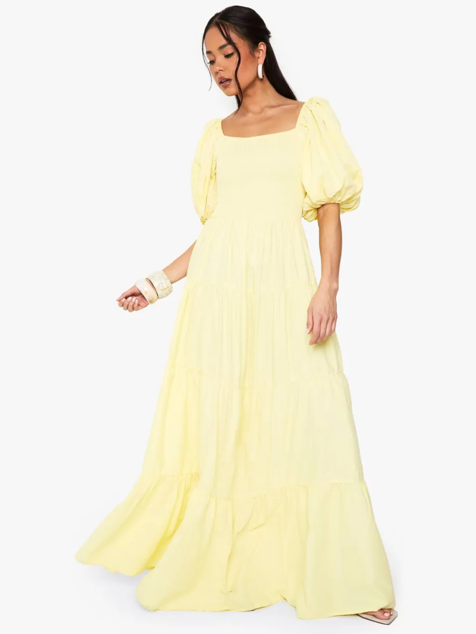 boohoo Dames Extreme Pofmouwen Geroffelde Maxi Smock Jurk citroen, foto 3