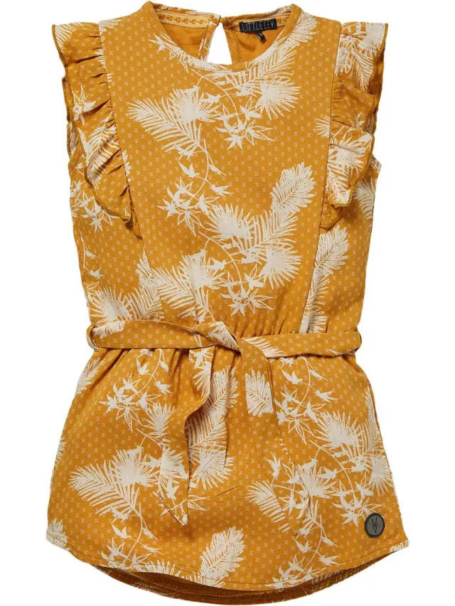 Levv meisjes linnen jurk Neele Mustard Leaves multi